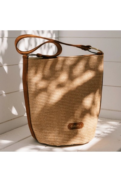 BUCKETBAG (natural raffia/suede genuine leather)